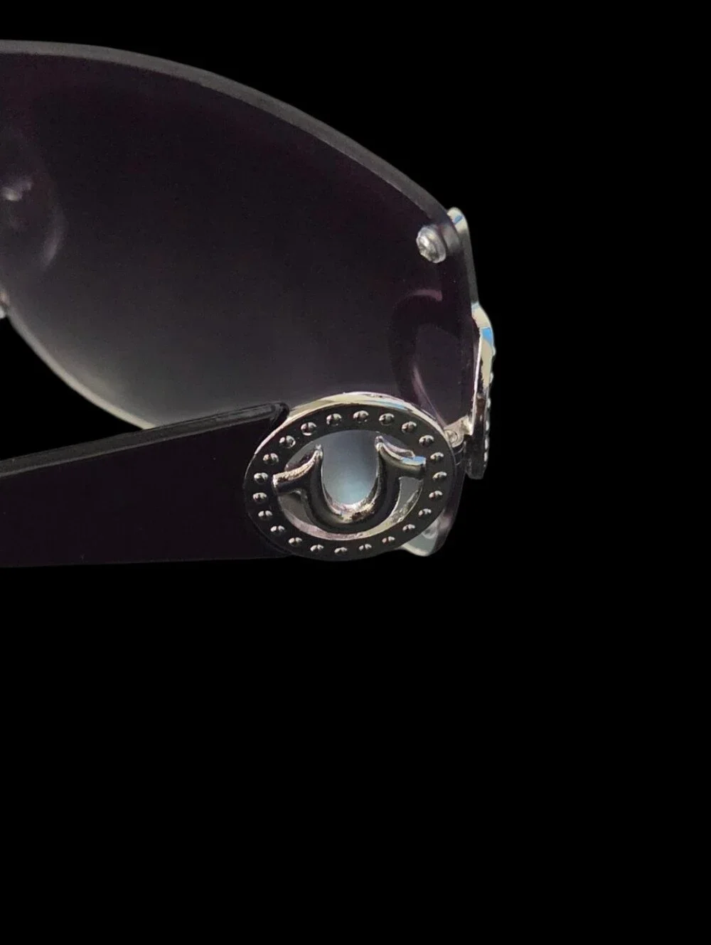 True Religion Rhinestone  Crystal Shield Glasses Logo Oversized Gray Black